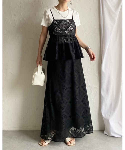 She's Closet セットアップ 花柄 ブロックレース キャミソール