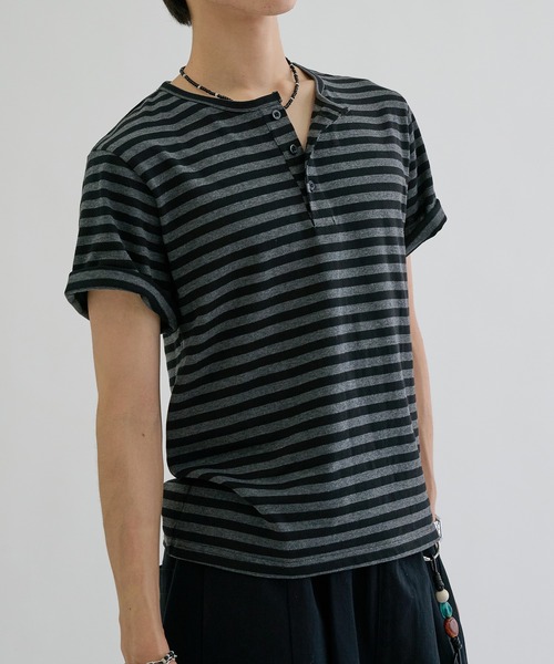 ヘンリーネック tシャツ Border henly neck tee / ボーダーヘンリー