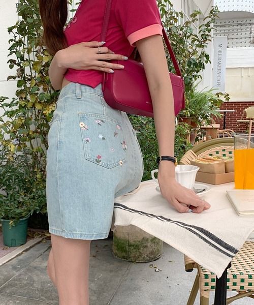 Jewelobe デニムスカート ヒップ花刺繍デニムミニスカート