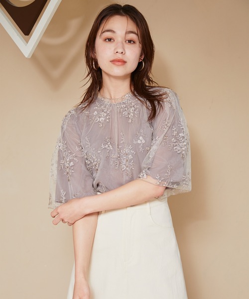 小物 s_s_s mysty woman シャツ ブラウス フローラルレースシアーSSブラウス