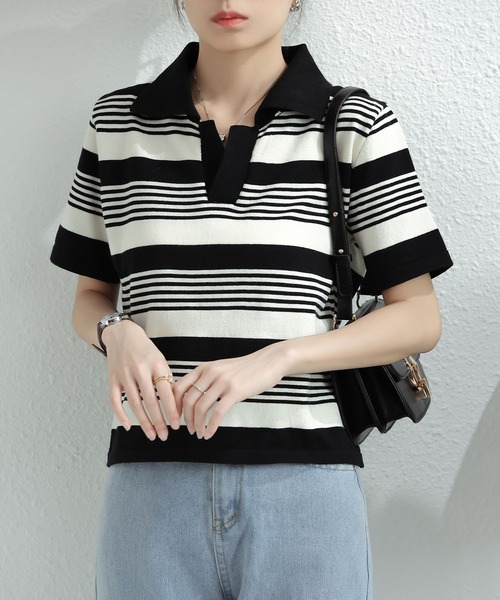 tシャツ ポロネックボーダー レディース tシャツ ポロネックボーダーニットTシャツ レディース