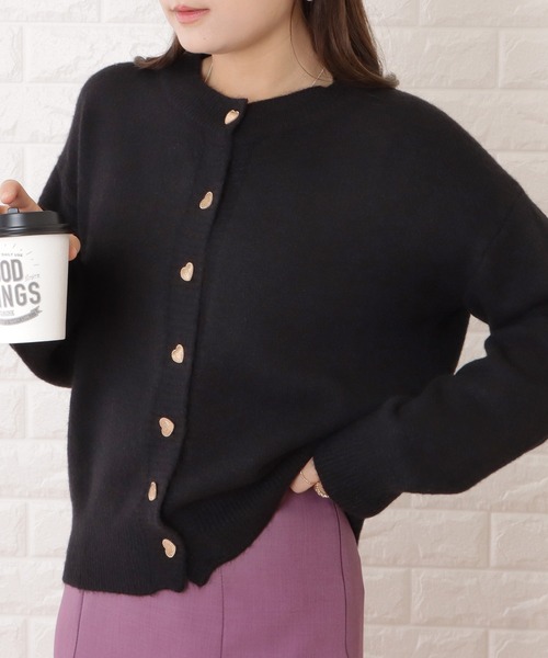 カーディガン ハートボタンクルーネックニットカーディガン レディース Lace Ladies ニット セーター クルーネックハートボタンニット