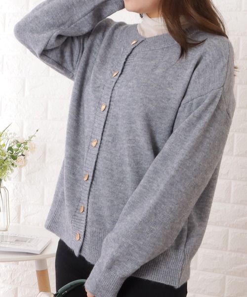 ニット セーター 遊びゴコロなボタンのニット レディース Lace Ladies ニット セーター クルーネックハートボタンニット
