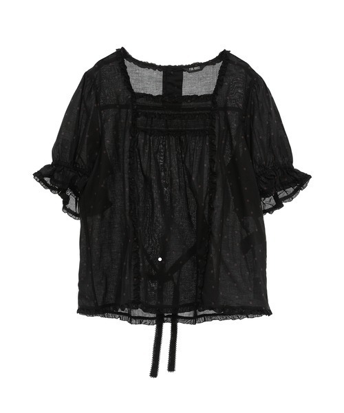 PINK HOUSE◆水玉プリントブラウス/半袖ブラウス/--/コットン/BLK/ドット/a2141FB 505 PINK HOUSE ブラウス シャツ 水玉プリントブラウス レディース
