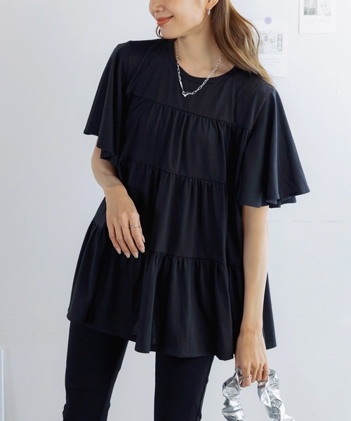 半袖チュニック チュニック フレア袖 Tシャツ ティアードチュニック 半袖