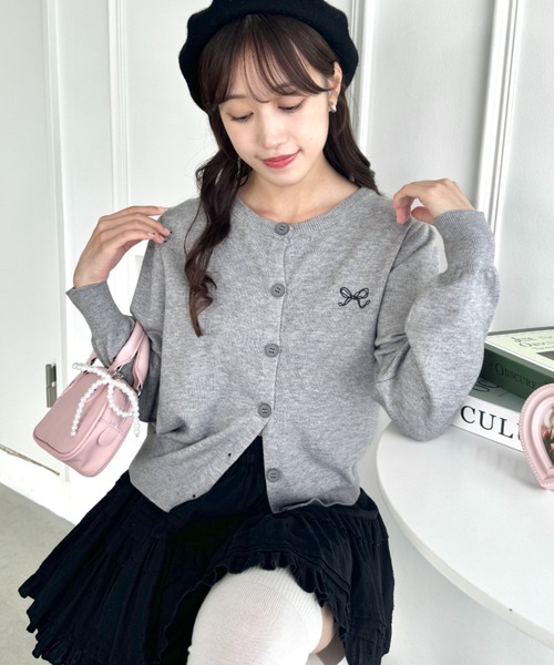 Loueme カーディガン リボン刺繍ワンポイントカーディガン レディース