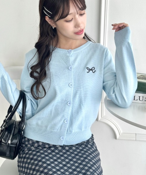 Loueme カーディガン リボン刺繍ワンポイントカーディガン レディース
