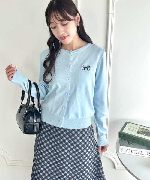 Loueme カーディガン リボン刺繍ワンポイントカーディガン レディース