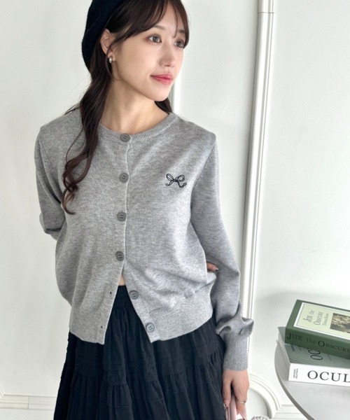 極美品♡ルネ♡リボンカーディガン Loueme カーディガン リボン刺繍ワンポイントカーディガン レディース