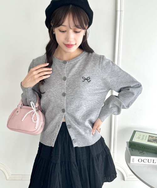Loueme カーディガン リボン刺繍ワンポイントカーディガン レディース