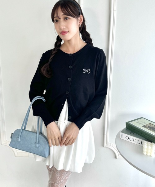 Loueme カーディガン リボン刺繍ワンポイントカーディガン レディース