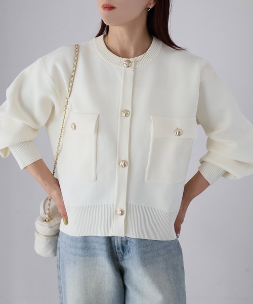 ANAYI モールヘリンボーンニットショート カーディガン 金ボタン ホワイト Riberry（リベリー） カーディガン スポンディッシュ金ボタンショート