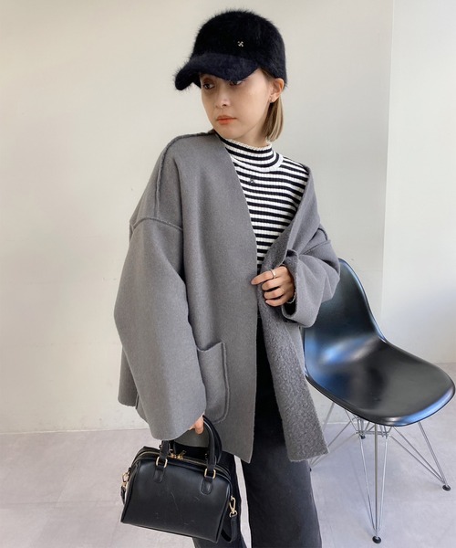 「one after another NICE CLAUP」 ノーカラーコート MEDIUM グレー レディース_画像5