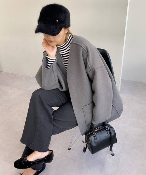 「one after another NICE CLAUP」 ノーカラーコート MEDIUM グレー レディース_画像9