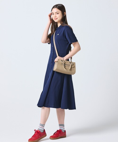 シャツワンピース 鹿の子地シャツドレス ドレープフレアワンピースの画像