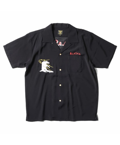 【HOUSTON☆ヒューストン】スーベニアシャツ☆スカシャツ☆L 黒　和柄刺繍 HOUSTON シャツ 「HOUSTON ヒューストン」ALASKA EMB SOUVENIR S