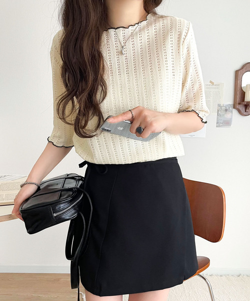 MECRE 黒 ドロストキャザー 半袖 トップス アシンメトリーギャザーTOPS(カットソー)｜トップス