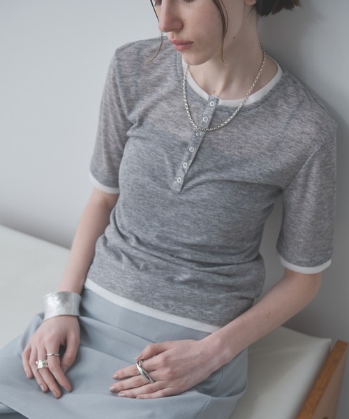 Aunt Marie's tシャツ 配色ヘンリーネックシアートップス