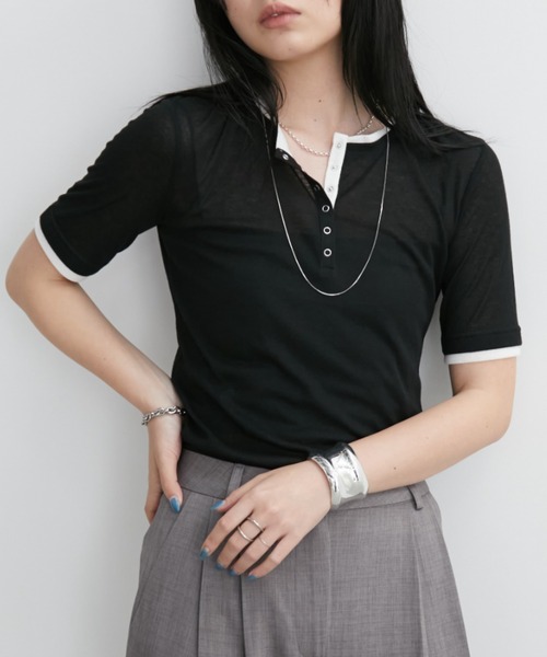Aunt Marie's tシャツ 配色ヘンリーネックシアートップス