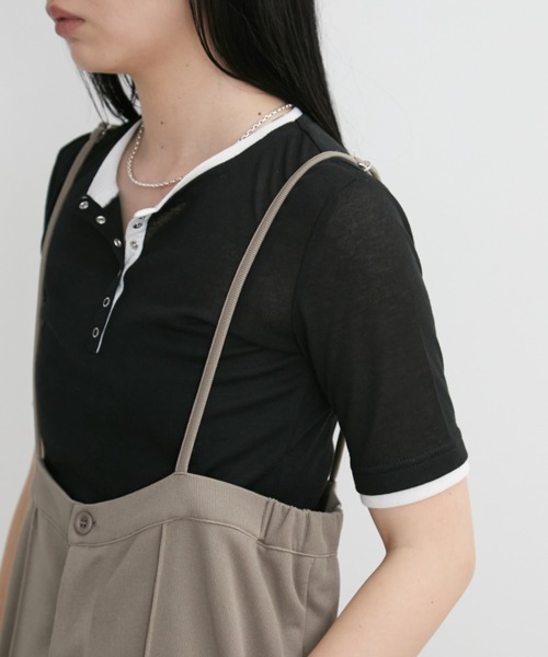 Aunt Marie's tシャツ 配色ヘンリーネックシアートップス