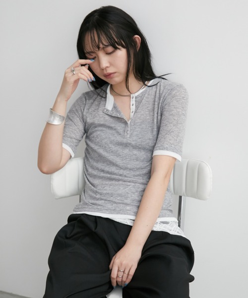 Aunt Marie's tシャツ 配色ヘンリーネックシアートップス