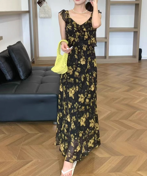 ワンピース ドレス フリル袖 花柄 フレア ロング丈 韓国 S~2XL ワンピース 花柄 フリルロングワンピース : ZOZOTOWN Yahoo!店