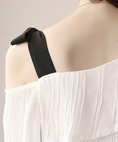 ブラウス シャツ off shoulder ribbon blouse レディース ブラウス シャツ オフショルリボン しわ加工ブラウス レディース