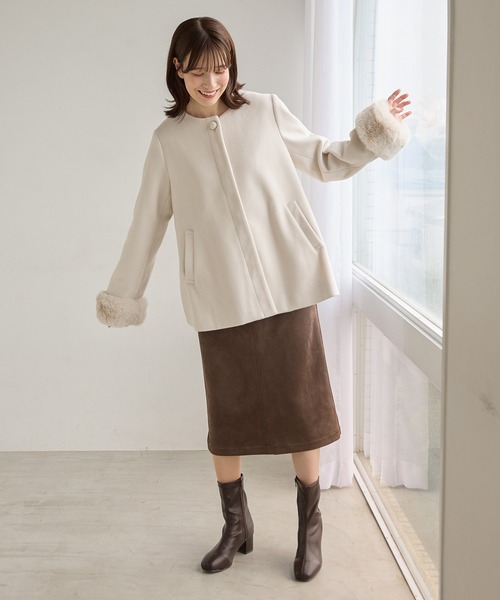 Honeys ノーカラーコート コート ファー付ノーカラーコート レディース