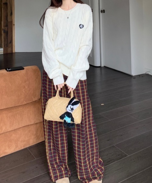 ニット セーター 「25年秋冬新作」ワンポイントハートワッペンケーブル