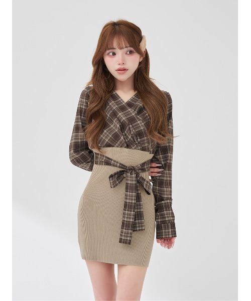 Darich（ダーリッチ） ワンピース カシュクールチェックタイトニット