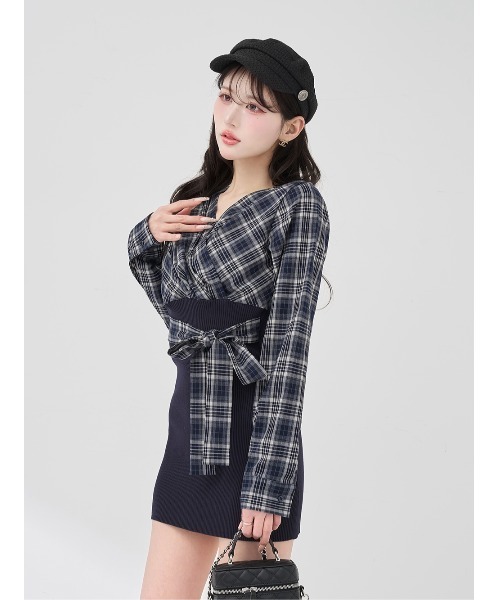 Darich（ダーリッチ） ワンピース カシュクールチェックタイトニット