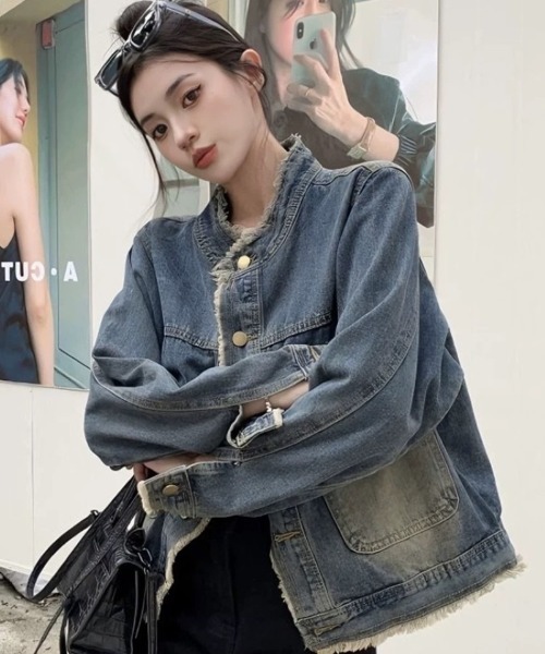 美品♡イエナラブークル インディゴデニムジャケット gジャン フリンジ デニムジャケット gジャン フリンジ スタンドカラーデニムジャケット