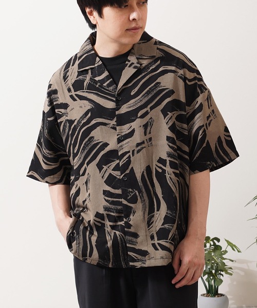 シャツ 半袖 総柄 オープンカラー オーバーシャツ / All-over print