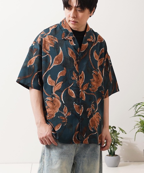 シャツ 半袖 総柄 オープンカラー オーバーシャツ / All-over print