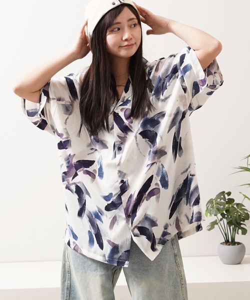 シャツ 半袖 総柄 オープンカラー オーバーシャツ / All-over print