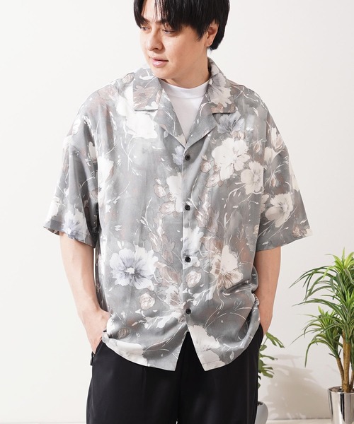 シャツ 半袖 総柄 オープンカラー オーバーシャツ / All-over print