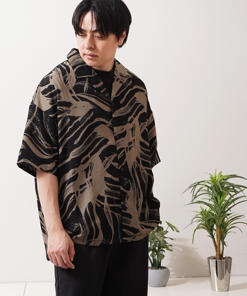 シャツ 半袖 総柄 オープンカラー オーバーシャツ / All-over print