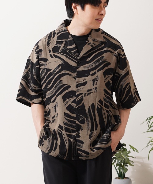 シャツ 半袖 総柄 オープンカラー オーバーシャツ / All-over print