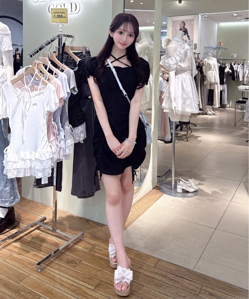 andwang 半袖 ミニワンピース ブラック one way（ワンウェイ） ワンピース 夏 半袖 ギャザーミニワンピース