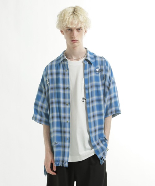 HAREシャツまとめ売り HARE（ハレ） シャツ 半袖 ダメージZIPチェックシャツ(HARE) メンズ