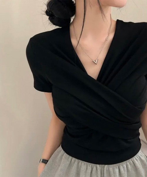 黒 Vネック 半袖 トップス　2点セット tシャツ 半袖 クロスデザインVネックトップス レディース : ZOZOTOWN