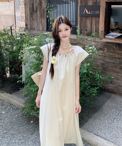 【美品】ルフィル　洗えるウエストリボンワンピース　半袖　ベージュ　軽量 FAVORITO ワンピース ウエストマークリボンワンピース : ZOZOTOWN