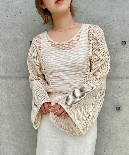 tシャツ Tシャツ 2WAYメッシュフレアスリーブトップス