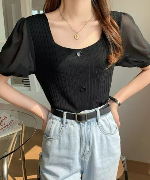 tシャツ シアースリーブスクエアネックトップス レディース