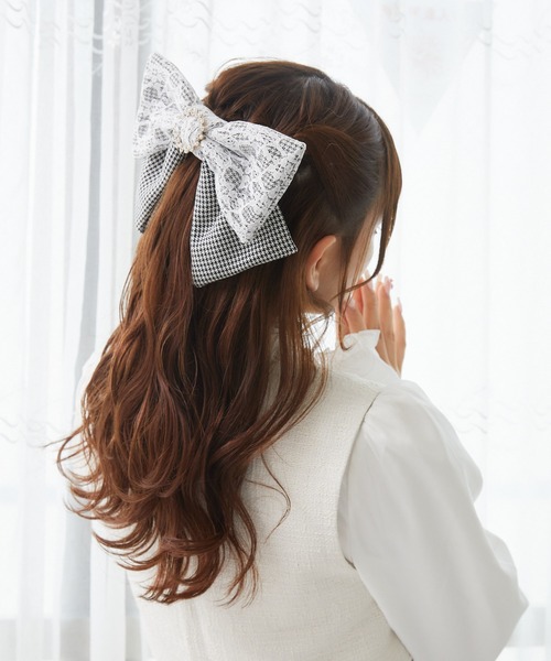 ヘアクリップ ラージサイズ ROJITA ヘアクリップ リングビジュ付きBIGリボンレースバレッタ