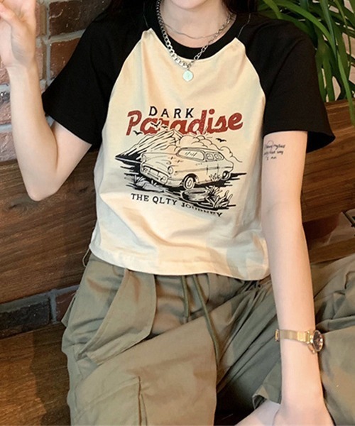 c.u.l tシャツ クロップド丈 ラグランプリント リンガーTシャツ