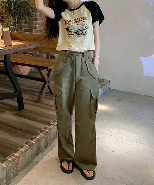 c.u.l tシャツ クロップド丈 ラグランプリント リンガーTシャツ