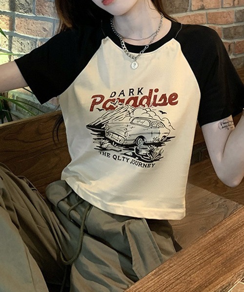 c.u.l tシャツ クロップド丈 ラグランプリント リンガーTシャツ