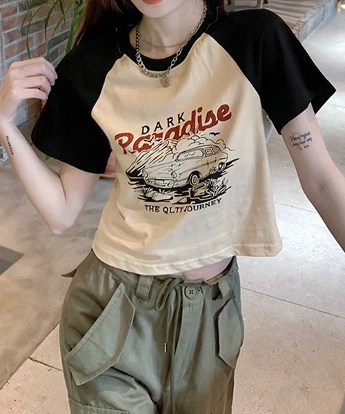 期間限定 セール - 売れ筋ランキングをチェック c.u.l tシャツ クロップド丈 ラグランプリント リンガーTシャツ トップス