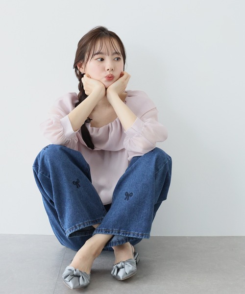 BLUEEAST ジーンズ デニム デニムパンツ リボン刺繍ワイドデニムパンツ 